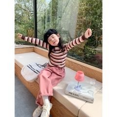 Áo Len Kẻ Ngang Dáng Ôm Cho Bé Gái Ambbkids 2024 - Phong Cách Thu Đông Dệt Kim Cao Cấp