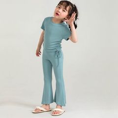 Bộ Áo Cộc Tay Dây Rút Eo và Quần Ống Loe Dễ Thương Cho Bé Gái Hè 2024 - Chất Liệu Thun Tăm Mềm Mại, Phong Cách Thời Trang Năng Động