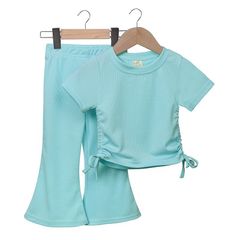 Bộ Áo Cộc Tay Dây Rút Eo và Quần Ống Loe Dễ Thương Cho Bé Gái Hè 2024 - Chất Liệu Thun Tăm Mềm Mại, Phong Cách Thời Trang Năng Động