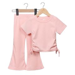 Bộ Áo Cộc Tay Dây Rút Eo và Quần Ống Loe Dễ Thương Cho Bé Gái Hè 2024 - Chất Liệu Thun Tăm Mềm Mại, Phong Cách Thời Trang Năng Động