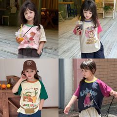Áo Thun Cộc Tay Phối Màu Cho Bé Gái - Thiết Kế Hoạt Hình Dễ Thương, Cotton Mềm Mịn, Thoải Mái Vận Động, Size 2-10 Tuổi