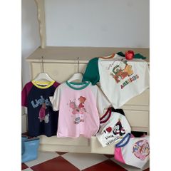 Áo Thun Cộc Tay Phối Màu Cho Bé Gái - Thiết Kế Hoạt Hình Dễ Thương, Cotton Mềm Mịn, Thoải Mái Vận Động, Size 2-10 Tuổi