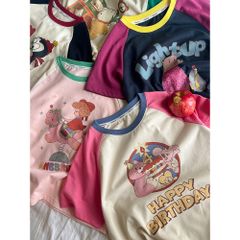 Áo Thun Cộc Tay Phối Màu Cho Bé Gái - Thiết Kế Hoạt Hình Dễ Thương, Cotton Mềm Mịn, Thoải Mái Vận Động, Size 2-10 Tuổi