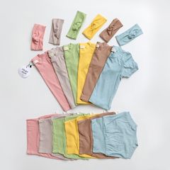 Bộ Cộc Thun Tăm Cạp Cao Kèm Turban Cho Bé Gái - Thời Trang Hè 2023, Vải Cotton Mềm Mại, Dễ Thương, An Toàn Cho Bé