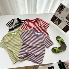 Áo Thun Ngắn Tay Kẻ Ngang Dễ Thương Cho Bé Gái 2-8 Tuổi - Chất Liệu Cotton Mềm Mại - Thời Trang Ambbkids Sành Điệu