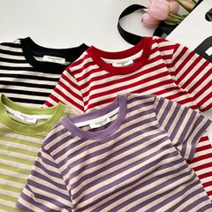 Áo Thun Ngắn Tay Kẻ Ngang Dễ Thương Cho Bé Gái 2-8 Tuổi - Chất Liệu Cotton Mềm Mại - Thời Trang Ambbkids Sành Điệu