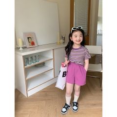 Áo Thun Ngắn Tay Kẻ Ngang Dễ Thương Cho Bé Gái 2-8 Tuổi - Chất Liệu Cotton Mềm Mại - Thời Trang Ambbkids Sành Điệu