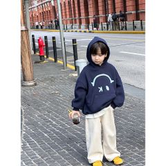 Áo Khoác Hoodi Lót Lông Mặt Cười Trùm Đầu Siêu Ấm Cho Bé Trai, Phong Cách Thời Trang Thu Đông 2024, Size 90-150