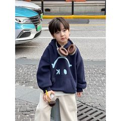 Áo Khoác Hoodi Lót Lông Mặt Cười Trùm Đầu Siêu Ấm Cho Bé Trai, Phong Cách Thời Trang Thu Đông 2024, Size 90-150