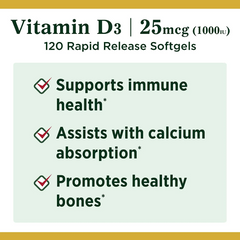 Viên Uống Bổ Sung Vitamin D3 Nature’s Bounty 1000IU - 120 Viên Dinh Dưỡng Hỗ Trợ Sức Khỏe, Tiện Dùng Mỹ