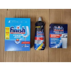 Bộ Sản Phẩm Finish - Viên Rửa Bát 100 Viên, Muối Rửa 1,2Kg, Nước Bóng 800ML - Hàng Chính Hãng Châu Âu, Dụng Cụ Làm Sạch Bát Đĩa Tối Ưu