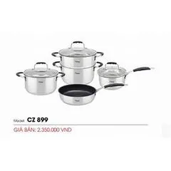 Bộ nồi Canzy CZ899 cao cấp 5 món Inox 201 sáng bóng - Nồi, chảo, xửng hấp an toàn sức khỏe, tiết kiệm năng lượng