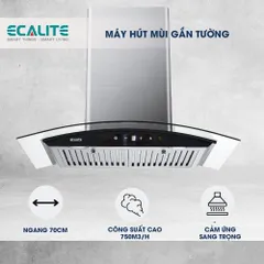 Máy hút mùi áp tường Ecalite EH-GT700T - Ngang 70cm - Điều khiển cảm ứng - Có 3 tốc độ hút điều chỉnh dễ dàng