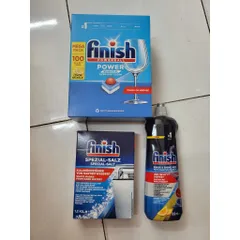 Bộ Sản Phẩm Rửa Bát FINISH - Hộp 100 Viên, Muối 1,2kg & Nước Làm Bóng 800ml - Giúp Chén Đĩa Sáng Bóng, Bảo Vệ Máy Rửa Bát