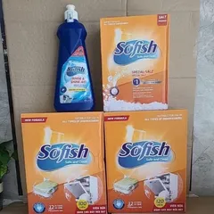 Bộ Combo 3 Sản Phẩm Sofish: Viên Rửa Chén, Nước Làm Bóng & Muối - Dùng Cho Máy Rửa Bát, Sạch Sâu & An Toàn
