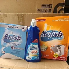 Bộ Combo 3 Sản Phẩm Sofish: Viên Rửa Chén, Nước Làm Bóng & Muối - Dùng Cho Máy Rửa Bát, Sạch Sâu & An Toàn