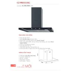 Máy Hút mùi Canzy PRO 333SG - Điều khiển cảm ứng 3 cấp độ và chế độ vẫy tay , Đèn Led siêu sáng tiết kiệm điện