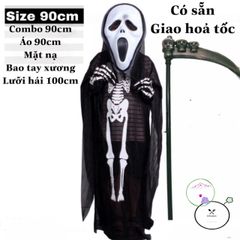 Bộ hóa trang Thần Chết Halloween cho bé - Áo bộ xương, mặt nạ, lưỡi hái và găng tay, Trang phục lễ hội ma độc đáo.