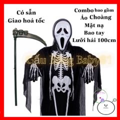 Bộ hóa trang Thần Chết Halloween cho bé - Áo bộ xương, mặt nạ, lưỡi hái và găng tay, Trang phục lễ hội ma độc đáo.