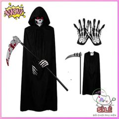 Bộ Trang Phục Halloween Thần Chết 3 Món - Áo Choàng và Găng Tay Hình Xương, Phong Cách Kinh Dị Hấp Dẫn cho Tiệc Hóa Trang