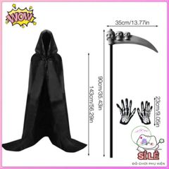 Bộ Trang Phục Halloween Thần Chết 3 Món - Áo Choàng và Găng Tay Hình Xương, Phong Cách Kinh Dị Hấp Dẫn cho Tiệc Hóa Trang