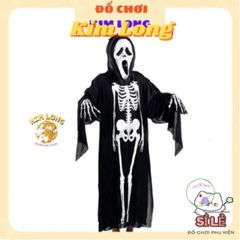 Bộ Đồ Hóa Trang Halloween 3 Món - Áo Choàng Nón, Găng Tay, Mặt Nạ Bộ Xương Cho Trẻ Em và Người Lớn - Thời Trang Ma Mị Chất Lượng Cao