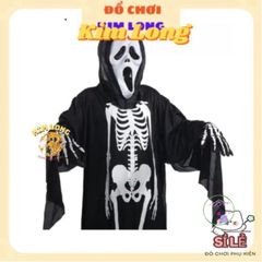 Bộ Đồ Hóa Trang Halloween 3 Món - Áo Choàng Nón, Găng Tay, Mặt Nạ Bộ Xương Cho Trẻ Em và Người Lớn - Thời Trang Ma Mị Chất Lượng Cao