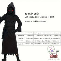Bộ trang phục Hades Thiên Thần Chết cho trẻ em - Halloween Kỳ Bí với Mũ và Lưỡi Hái, Size L/XL, Phong Cách Cosplay Nghệ Thuật