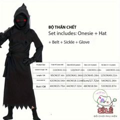 Bộ trang phục Hades Thiên Thần Chết cho trẻ em - Halloween Kỳ Bí với Mũ và Lưỡi Hái, Size L/XL, Phong Cách Cosplay Nghệ Thuật