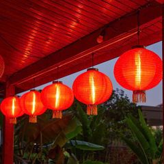 Lồng Đèn Tròn Vải Lụa Sang Trọng Có Tua Rua Đỏ Vàng - Trang Trí Tết Lễ Hội Ngoài Trời, Kích Thước 25-35cm