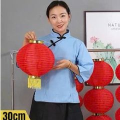 Lồng Đèn Tròn Vải Lụa Sang Trọng Có Tua Rua Đỏ Vàng - Trang Trí Tết Lễ Hội Ngoài Trời, Kích Thước 25-35cm