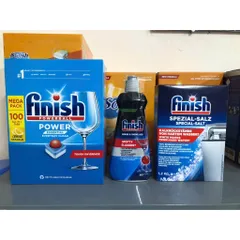 Viên Rửa Chén Finish 100 Viên - Muối Làm Mềm Nước 1,2Kg & Nước Làm Bóng 400ml - Dùng Cho Máy Rửa Chén Châu Âu