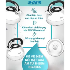 Ấm đun nước B-Gem 3L dùng cho bếp từ , bếp gas ,bếp hồng ngoại , inox cao cấp sáng bóng