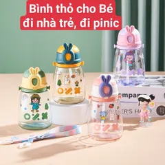 Bình Nước Dễ Thương Hình Thỏ Cho Bé Đi Nhà Trẻ, Đi Học, đi Chơi, Ống Hút Silicon Mềm, Có Dây Đeo Tiện Dụng