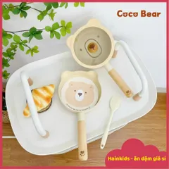 Bộ Nồi Gấu Cocobear Size 16cm, Bộ Chảo Gấu Ceramic Coco Bear Chế Biền Đồ Ăn Dặm, Chống Dính, Tay Cầm Bằng Gỗ, Quánh Bột