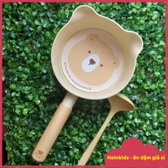 Bộ Nồi Gấu Cocobear Size 16cm, Bộ Chảo Gấu Ceramic Coco Bear Chế Biền Đồ Ăn Dặm, Chống Dính, Tay Cầm Bằng Gỗ, Quánh Bột