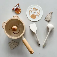 Bộ Nồi Gấu Cocobear Size 16cm, Bộ Chảo Gấu Ceramic Coco Bear Chế Biền Đồ Ăn Dặm, Chống Dính, Tay Cầm Bằng Gỗ, Quánh Bột