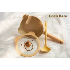 Bộ Nồi Gấu Cocobear Size 16cm, Bộ Chảo Gấu Ceramic Coco Bear Chế Biền Đồ Ăn Dặm, Chống Dính, Tay Cầm Bằng Gỗ, Quánh Bột