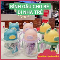Bình Đựng Nước Hình Tai Gấu Dễ Thương Cho Bé - Ống Hút Tiện Lợi, Dây Đeo Thoải Mái, Dung Tích 300ml, Món Đồ Dùng Học Mầm Non Hấp Dẫn