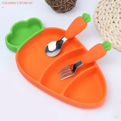 [KÈM QUÀ TẶNG] Set Khay, Bộ Thìa Nĩa Hình Cà Rốt, Chất Liệu Silicon Dùng Cho Bé Giai đoạn Tập ăn Dặm, Tập Xúc