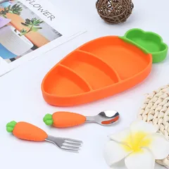 [KÈM QUÀ TẶNG] Set Khay, Bộ Thìa Nĩa Hình Cà Rốt, Chất Liệu Silicon Dùng Cho Bé Giai đoạn Tập ăn Dặm, Tập Xúc