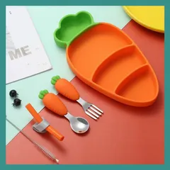 [KÈM QUÀ TẶNG] Set Khay, Bộ Thìa Nĩa Hình Cà Rốt, Chất Liệu Silicon Dùng Cho Bé Giai đoạn Tập ăn Dặm, Tập Xúc