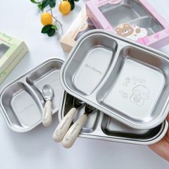 Set Khay INOX Bear Mommy Cao Cấp Có Kèm Thìa Ăn Dặm Cho Bé, Dụng Cụ Ăn Dặm, Khay Ăn Dặm Inox Dễ Vệ Sinh Chống Vỡ