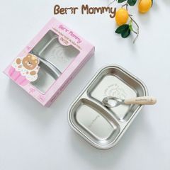 Set Khay INOX Bear Mommy Cao Cấp Có Kèm Thìa Ăn Dặm Cho Bé, Dụng Cụ Ăn Dặm, Khay Ăn Dặm Inox Dễ Vệ Sinh Chống Vỡ