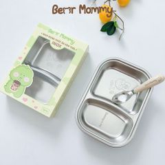 Set Khay INOX Bear Mommy Cao Cấp Có Kèm Thìa Ăn Dặm Cho Bé, Dụng Cụ Ăn Dặm, Khay Ăn Dặm Inox Dễ Vệ Sinh Chống Vỡ