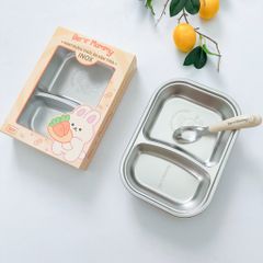Set Khay INOX Bear Mommy Cao Cấp Có Kèm Thìa Ăn Dặm Cho Bé, Dụng Cụ Ăn Dặm, Khay Ăn Dặm Inox Dễ Vệ Sinh Chống Vỡ