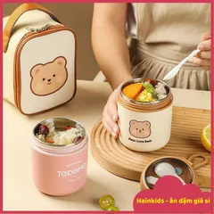 Bình Ủ Cháo Gấu Cao Cấp Inox 304 - Cốc Đựng Canh Giữ Nhiệt 550ml Với Ngăn Đựng Muỗng Gấp Gọn Cho Mẹ Và Bé, Tiện Dụng Khi Du Lịch