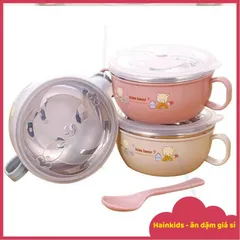 (Kèm Thìa + Nắp) Bát/chén Inox 2 Lớp, Chén Đựng Cháo, Bột 2 Lớp Cách Nhiệt Cho Bé Ăn Dặm, Bát Inox Chống Phỏng, Chén Bột