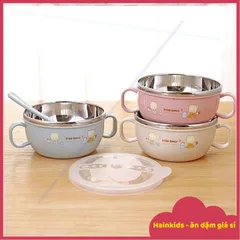 (Kèm Thìa + Nắp) Bát/chén Inox 2 Lớp, Chén Đựng Cháo, Bột 2 Lớp Cách Nhiệt Cho Bé Ăn Dặm, Bát Inox Chống Phỏng, Chén Bột