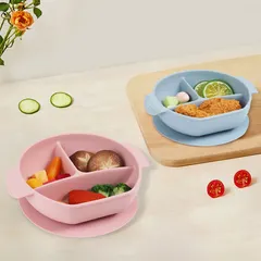 Khay Silicon Chia 3 Ngăn, đế Hít, Có Tay Cầm Tiện Dụng, Khay ăn BLW Cho Bé, Khay ăn Dặm Chất Liệu Silicon